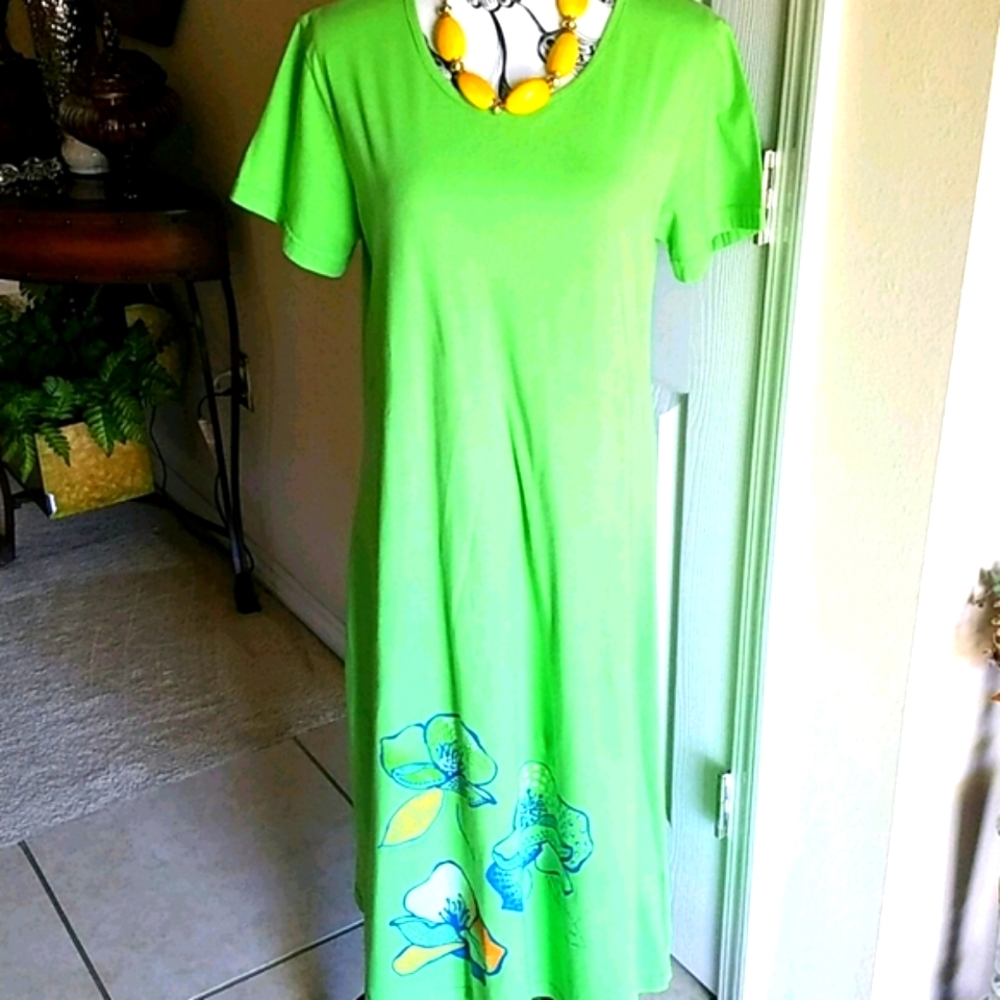 Desert Shores, Women's green lounging dress with Embroidery, Sz S